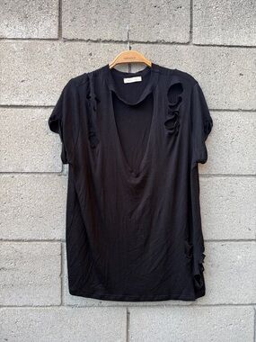 Black Distressed V-Neck Women's Top